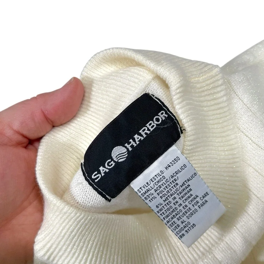 Sag Harbor Small Cream Knit Mock Neck Sweater Shimmer Ribbed Vintage Style - Picture 4 of 7